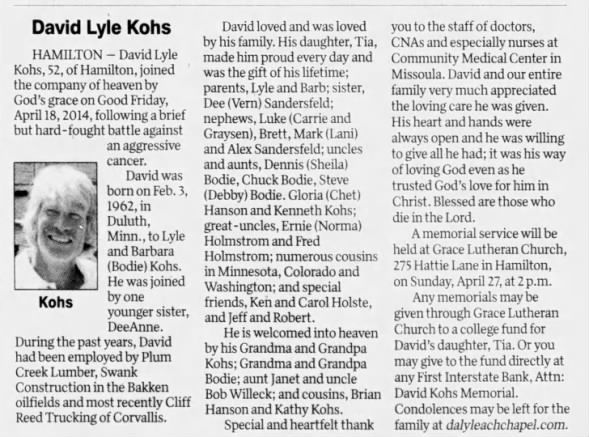 Kohs, David Lyle, obit. 2014